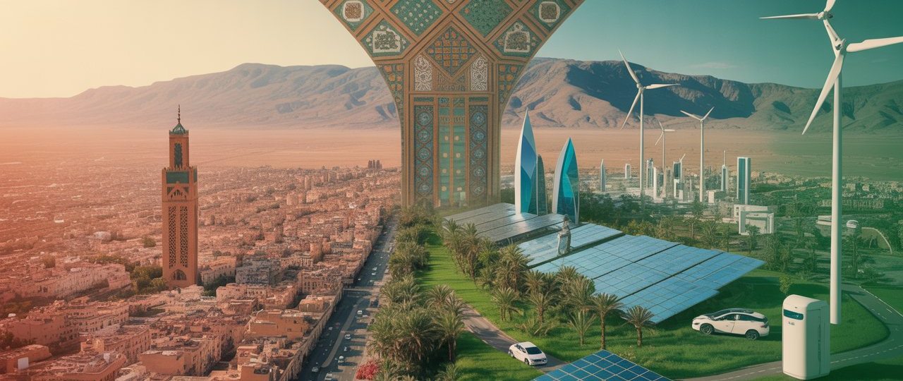 Illustration: a Moroccan city beside solar fields and wind turbines