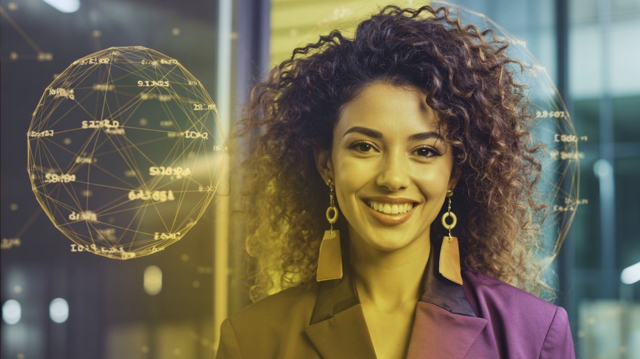 Illustration: a smiling professional beside a data network
